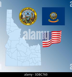Stato federale dell'Idaho, bandiera, sigillo e mappa, Stati Uniti, illustrazione vettoriale Illustrazione Vettoriale