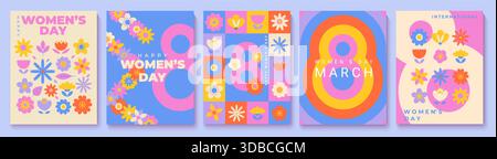 Biglietti di auguri per la giornata delle donne con fiori. Sfondi per vacanze internazionali con motivi floreali. Opuscoli per l'8 marzo, modello per il tuo design, Web, banner, poster, social media, Sales.Vector Illustrazione Vettoriale