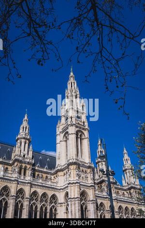 Vista dal parco su una torre e sulla facciata del Municipio di Vienna, capitale dell'Austria Foto Stock
