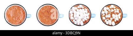 Gustosa cioccolata calda con marshmallow e scaglie di cioccolato in tazza isolata su bianco, raccolta. Vista dall'alto Foto Stock