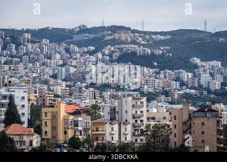 Vista aerea delle aree residenziali di Biblo in Libano, una delle città più antiche del mondo Foto Stock