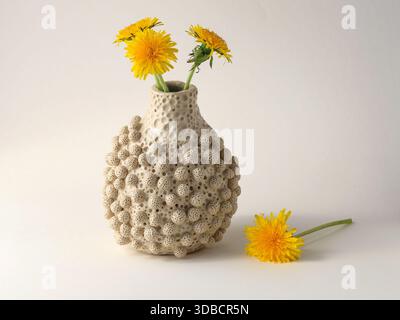 Studio minimalista Still Life con un vaso in ceramica realizzato a mano con superficie testurizzata e fiori di tarassone giallo fresco. Luce naturale, toni neutri, Foto Stock