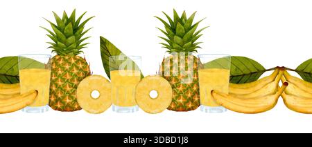 Linea di frutta tropicale acquerello con ananas e fette di banana, foglie verdi, pennellate dipinte a mano, tavolozza pastello morbida, energia solare brillante, bordo orizzontale senza cuciture e senza cuciture con disegno ad acquerello a mano. Foto Stock