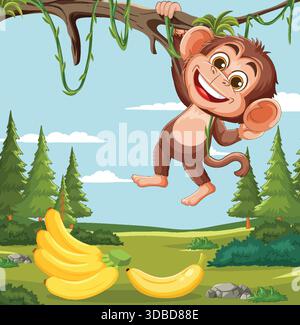 La scimmia dei cartoni animati pende dal ramo dell'albero, sorridente, con banane sull'erba, sfondo luminoso della foresta Illustrazione Vettoriale