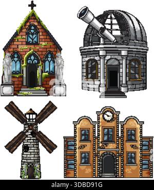 Illustrazione vettoriale colorata di quattro edifici storici dettagliati, contorni puliti, ombreggiatura piatta, sfondo bianco Illustrazione Vettoriale