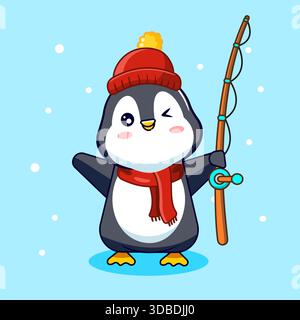 Grazioso pinguino pesca sul ghiaccio con berretto rosso e illustrazione vettoriale sciarpa Design Cartoon Kawaii Illustrazione Vettoriale