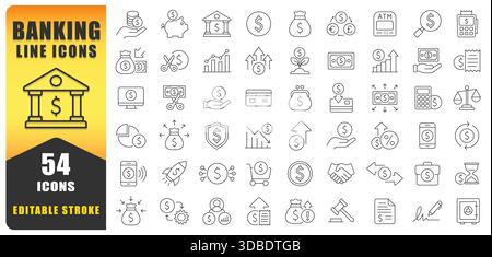 Set di icone linea traccia modificabile Money and Banking. Raccolta icone linea sottile finanza personale. Bilancio, risparmi, spese, entrate, prestiti, dollaro, euro, po Illustrazione Vettoriale
