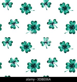 Carta da parati senza cuciture con foglie di trifoglio e profili per il giorno di San Patrizio. Foto Stock