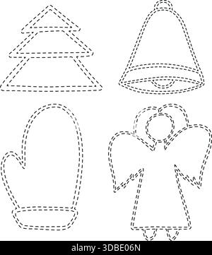 Illustrazione vettoriale isolata di un esercizio per lo sviluppo della scrittura. Attività per i bambini in età prescolare per cerchiare i simboli di Natale. Esercizi di allenamento natalizi. Illustrazione Vettoriale