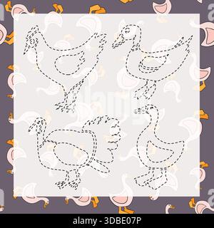 Illustrazione vettoriale isolata di un esercizio per lo sviluppo delle capacità di scrittura. I bambini in età prescolare hanno il compito di rintracciare un pollame. Illustrazione Vettoriale