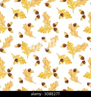 Un motivo ad acquerello senza cuciture con foglie di quercia e ghiande. Sfondo acquerello con foglie gialle e arancioni. Design autunnale per carta da imballaggio, carta da parati e tessuti. Perfetto per il Ringraziamento. Foto Stock