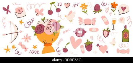 Adesivi e elementi d'amore per il cuore di San Valentino in un grazioso stile doodle. Collezione romantica rosa con rose, fiori e decorazioni per matrimoni. Set di illustrazioni vettoriali di nastri e schede estetiche vintage . Illustrazione Vettoriale