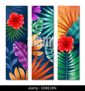Piante esotiche realistiche. Diverse foglie tropicali colorate, banane e palme, ibisco rosso. Design dello sfondo della flora della giungla. Decorazioni botaniche Illustrazione Vettoriale