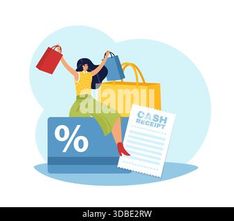 Sconto e carta fedeltà. Buon cliente abituale con Advantage, donna che fa shopping, servizio di vendita, pubblicità promozionale a premi, cartoni animati promozionali cashback Illustrazione Vettoriale