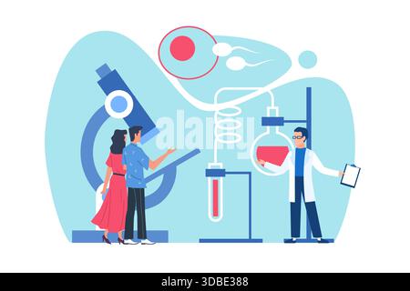 Inseminazione artificiale. Minuscole persone con microscopio e provette di prova, medico ginecologico, fecondazione in vitro, cartoni diagnostici sulla salute riproduttiva Illustrazione Vettoriale