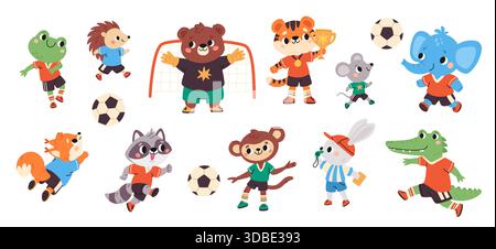 Gli animali giocano a calcio. Giocatori di fauna calcistica, simpatici atleti selvaggi che indossano l'uniforme sportiva, orso è portiere, procione, rana calcio. Gioco sportivo Illustrazione Vettoriale