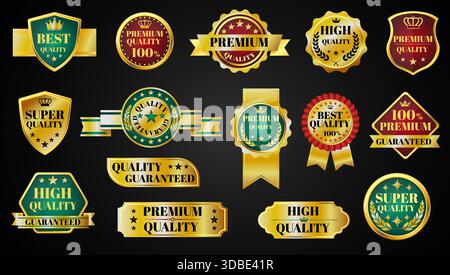 Etichette dorate. Adesivi di alta qualità, forme diverse, elementi di design di lusso, badge vintage di garanzia, nastri, etichette oro lucide, certificato Illustrazione Vettoriale