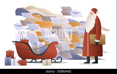 Babbo Natale lettere regali slitta posta natalizia scena festiva con buste volanti Babbo Natale pacchetto presenta uno sfondo piatto moderno Illustrazione Vettoriale