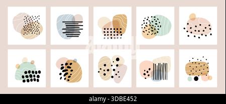 Forme astratte contemporanee. Collage creativi disegnati a mano, forme organiche lisce irregolari, gocce, curve e macchie composizioni minime, decorazioni Illustrazione Vettoriale