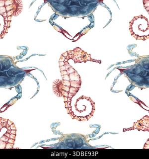 Acquerello dipinto a mano animali marini senza cuciture motivo, granchio e cavalluccio marino, sfondo di vita selvaggia nell'oceano Foto Stock