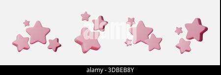 Set di icone a stella rosa 3D isolate su sfondo bianco per la valutazione e la revisione del progetto. I simboli a stella rosa indicano cinque stelle, qualità, premio e. Illustrazione Vettoriale