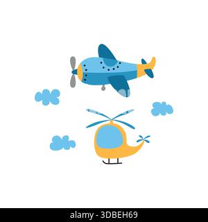 Aeroplano infantile ed elicottero doodle clipart con nuvole Illustrazione Vettoriale
