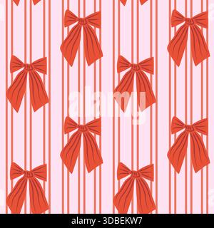 Motivo quadrato senza cuciture a strisce retrò con fiocco. Coquette Valentine e nastro da sposa per pellicole regalo, cancelleria, packaging, decorazioni femminili. Vettore Illustrazione Vettoriale