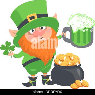 Divertente leprechaun con foglia di shamrock e tazza di birra in mano. Elfo cartoni animati in tuta verde in piedi con calderone dei soldi. Pentola di monete d'oro. St. Patricks Day Illustrazione Vettoriale