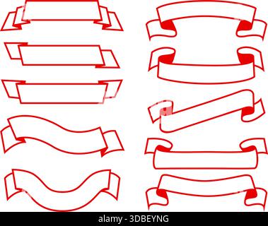 Telai contorni realizzati con nastri rossi. Etichette di seta di alta qualità. Nastri per festeggiare le feste. Allarmi di linea curvi. Banner vuoto per testo promozionale. Contorno Illustrazione Vettoriale