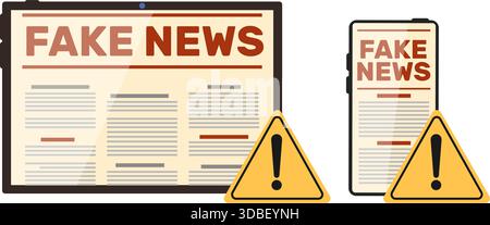 Notizie false sugli schermi di tablet e telefoni. Propaganda di disinformazione. Reportage web fiction. Falsa newsletter informatica. Premere falsificazione. Icona di avvertenza. Illustrazione Vettoriale