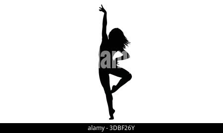 Silhouette dinamica della ballerina femminile in Modern Dance pose - donna con capelli ondulati che si equilibrano sui piedi con Arm Raised Vector isolato sul bianco per esibirsi Illustrazione Vettoriale