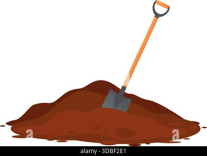 La pala a baionetta sporge da un grande mucchio di terra. Utensile manuale per lavorare con il terreno. Lavori di costruzione e di piantagione di aziende agricole. Pala e cumulo di terreno. Costruzione Illustrazione Vettoriale