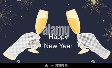 Banner per buon anno in stile collage. Layout orizzontale festivo con testo di congratulazioni e stelle dorate. Mani mezzitoni con bicchieri da champagne. Illustrazione Vettoriale