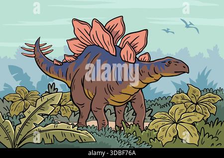 Dinosauro Stegosaurus che cammina tra le piante preistoriche della giungla Illustrazione Vettoriale