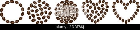 Forma del cuore e Sfondi e cornici rotondi bordi realizzati con chicchi di caffè elementi di design Big Set. Illustrazione del vettore isolato a tema o messaggio di saluto del giorno del caffè o Menu Card ad flyer Banner, opuscolo, tag Illustrazione Vettoriale
