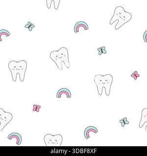 Motivo senza cuciture per vettore di Fata dei denti con arcobaleno e fiori per bambini Dental Vector Dentistry Design Illustrazione Vettoriale