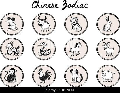 Set di icone vettoriali per l'astrologia degli animali zodiacali cinesi per la collezione di schizzi di design del nuovo anno lunare Illustrazione Vettoriale