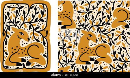 Golden Deer Christmas Seamless Pattern and Print Card Forest Branches in stile Folk Vector Illustrazione Vettoriale
