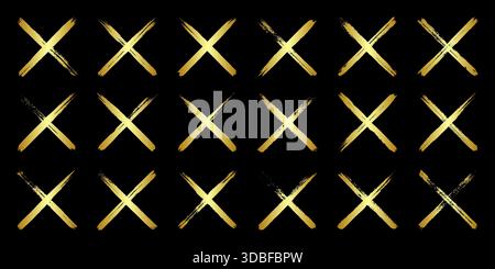 Croci grunge dorate, tratti di pennello, linee, macchie d'inchiostro, forme di scarabocchi disegnate a mano. Disegni fatti a mano, macchie acriliche, strisce di carbone. Vernice Illustrazione Vettoriale