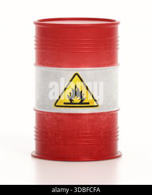 Fusto con segno infiammabile isolato su sfondo bianco. Illustrazione 3D. Foto Stock