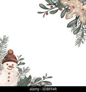 Immagine ad acquerello con cornice quadrata con rami di pino, per albero, arco. Cartolina per agrumi e bacche rosse e biscotti dolci al pan di zenzero. Disegnato a mano Foto Stock