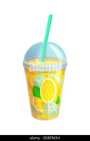 Tazza da asporto con cartoni animati di limonata, bevanda rinfrescante con succo di limone. Delizioso bicchiere vettoriale da cocktail agli agrumi, succo di frutta fresco e bevanda fastfood. Bevanda rinfrescante estiva o limonata naturale con ghiaccio e menta Illustrazione Vettoriale