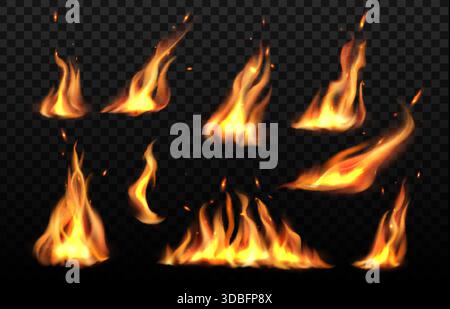Fiamme realistiche, bruciature di fiamma ed effetti di falò isolati su sfondo trasparente. Fuoco vettoriale 3d con realistiche fiamme calde, scintille e fumo. Turni di fuoco rossi e gialli Illustrazione Vettoriale