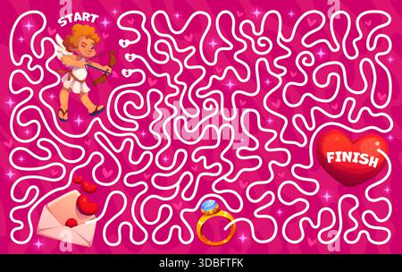 Labirinto di San Valentino con cherubino e cuore d'amore. Foglio di lavoro vettoriale puzzle labirinto per bambini. Enigma natalizio di San Valentino con carattere cupido, lettera d'amore e anello di fidanzamento Illustrazione Vettoriale