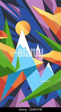 Sfondo astratto vettoriale con forme dinamiche delle montagne. Colori brillanti e linee nitide trasmettono lo spirito degli sport estremi. Perfetto per pareti funwall o pareti da arrampicata. Illustrazione Vettoriale