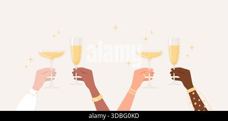 Mani di donne di diverse nazionalità e tonalità della pelle che reggono bicchieri di spumante. Illustrazione vettoriale piatta Illustrazione Vettoriale