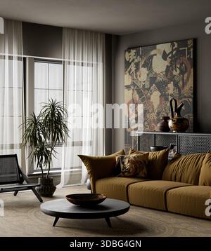 Il contrasto audace e l'illuminazione spettacolare danno forma a questo spazio abitativo japandi scuro e densa, combinando toni terrosi, texture organiche e forme minimaliste per un ci Foto Stock