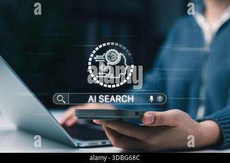 Tecnologia dei motori di ricerca AI e concetto di assistente intelligente. Persona che utilizza smartphone e laptop con barra di ricerca digitale e icona dell'intelligenza artificiale Foto Stock