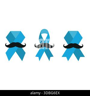 Cancro alla prostata, nastro blu e baffi isolati. nastro di sensibilizzazione sul cancro alla prostata su sfondo blu. Illustrazione Vettoriale