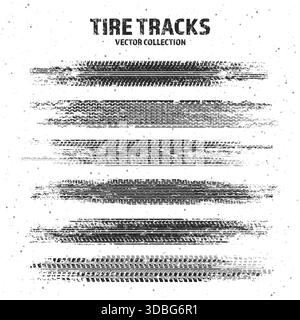 Sgrossare le tracce degli pneumatici con schizzi di fango, segni di frenata delle ruote sporche. Silhouette con battistrada per camion, auto o motociclette. Perfetto per fuoristrada Illustrazione Vettoriale